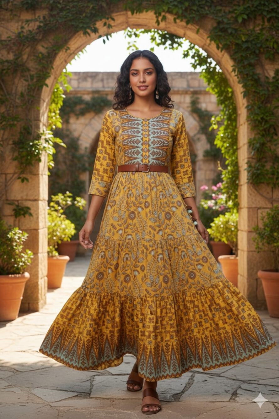Boho Tiered Yellow Ethnic Block Print Maxi Dress Artsy Eclectic Festive - L/XL